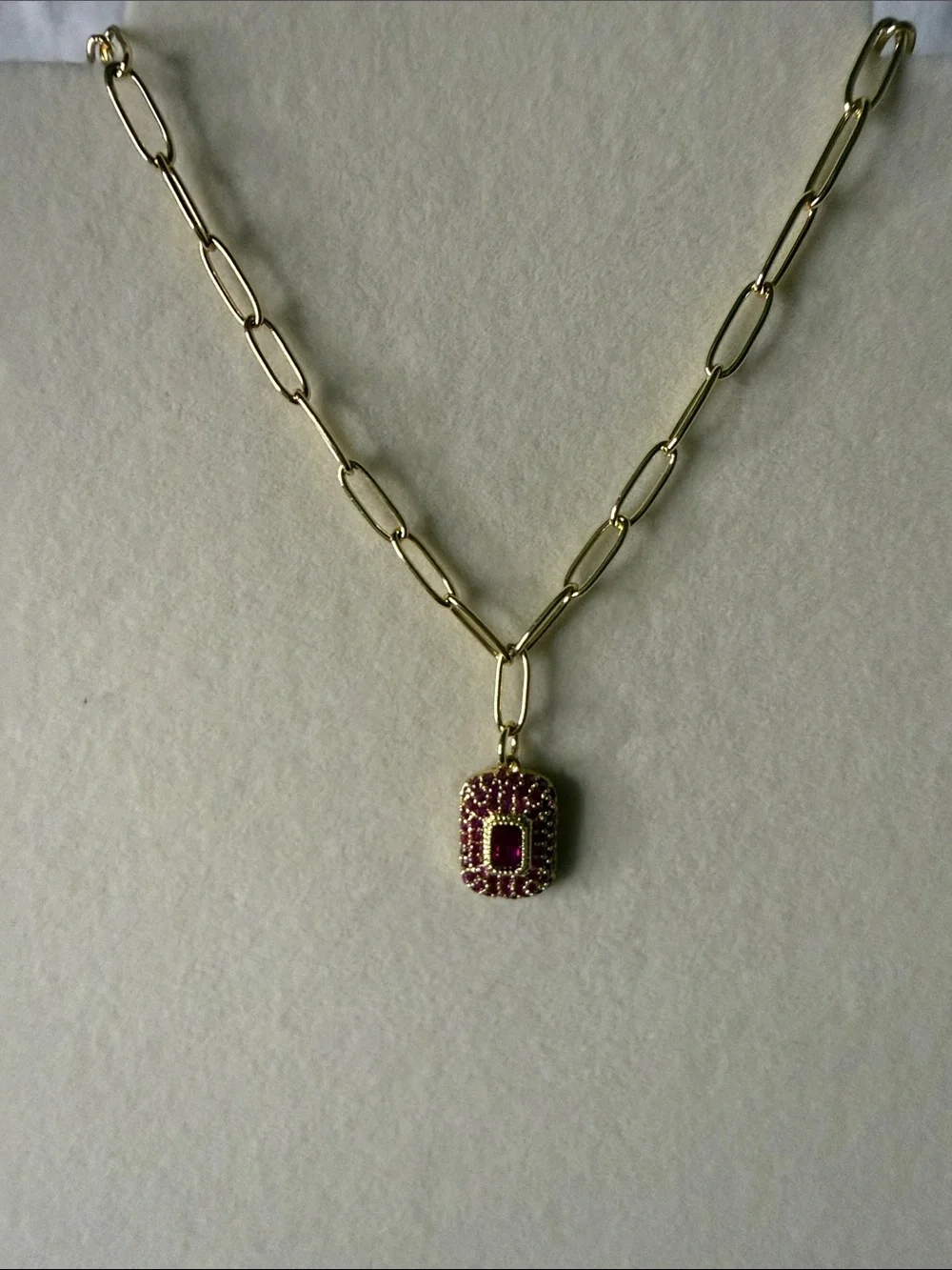 Stainless Steel Gold Chain Necklace with Hot Pink Gemstone Pendant
